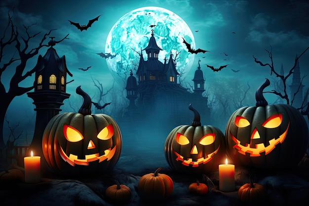 Halloween-Hintergrund mit gruseligen Kürbiskerzen auf dem Friedhof bei Nacht mit einem Schlosshintergrund