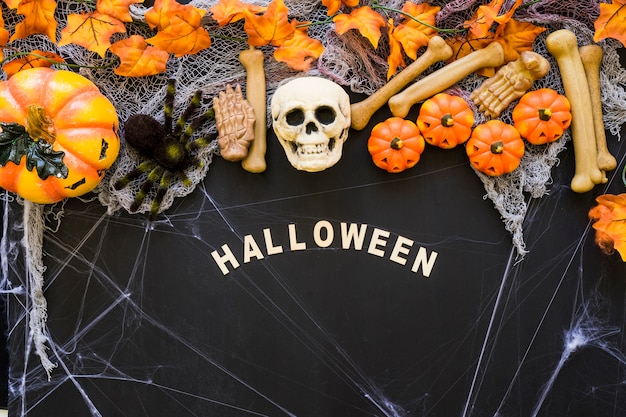Kostenloses Foto halloween-komposition mit buchstaben und schädel