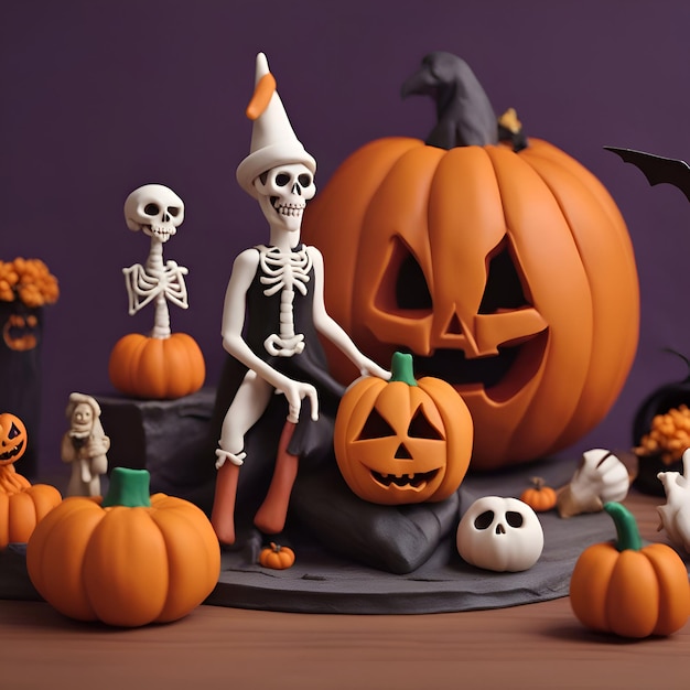 Halloween-Kürbisse und Geister auf dunklem Hintergrund, 3D-Illustration