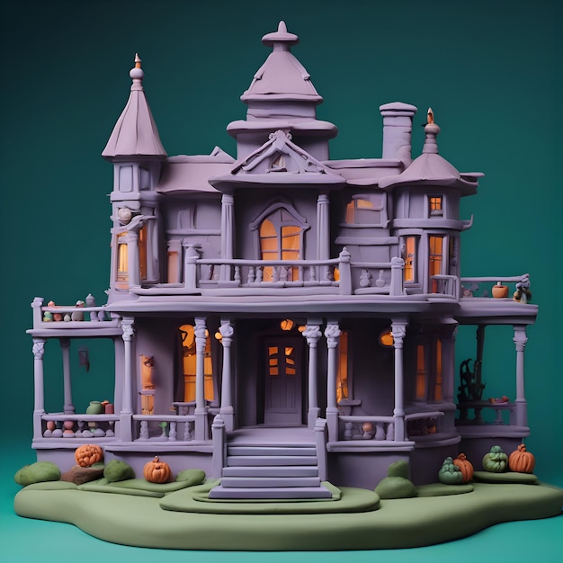 Halloween-Spukhaus auf grünem Hintergrund, 3D-Renderdarstellung