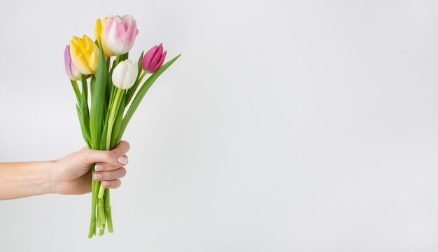 Hand, der Tulpenstrauß hält