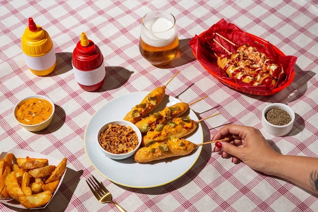 Hand des hohen Winkels, die Maishund hält