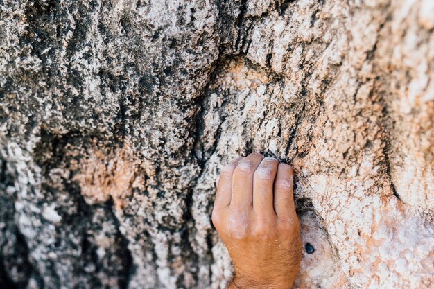 Hand des Kletterers am Felsen