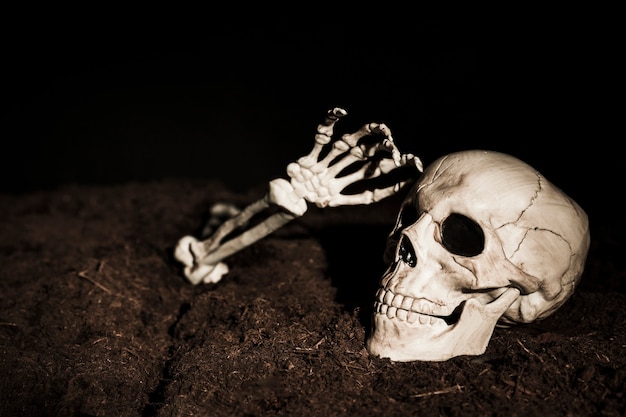 Hand des Schädels und des Skeletts auf dem Boden