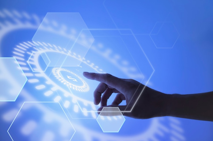 Kostenlose Foto hand, die auf den hintergrund der währungsblockkettentechnologie zeigt