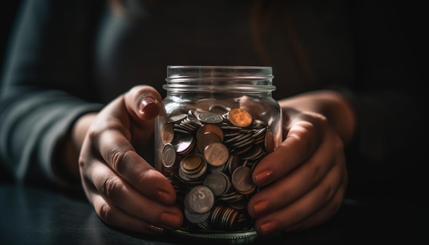 Hand, die Münzbank hält, die das durch KI erzeugte Vermögenswachstum symbolisiert