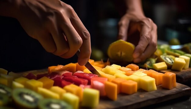 Hand hält frische Obstscheiben. Gesunde Ernährung, generiert durch KI