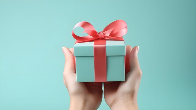Hand hält Geschenkbox auf pastellblauem Hintergrund