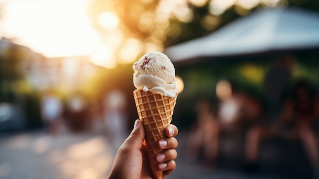 Kostenloses Foto hand hält köstliches eis im freien