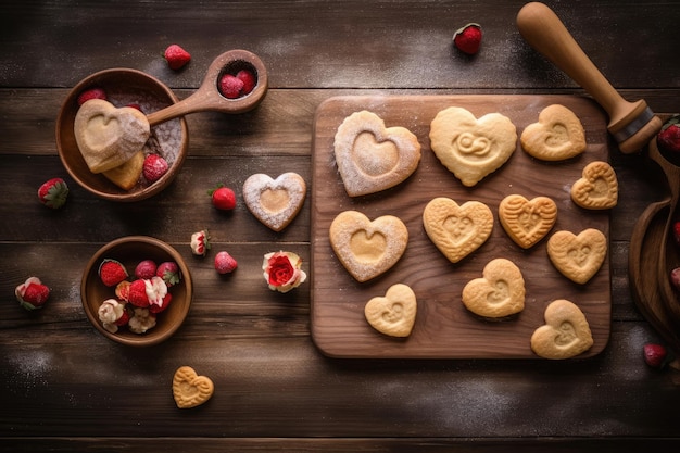 Handgemachte herzförmige Kekse auf Holztisch Küche Draufsicht Ai generativ