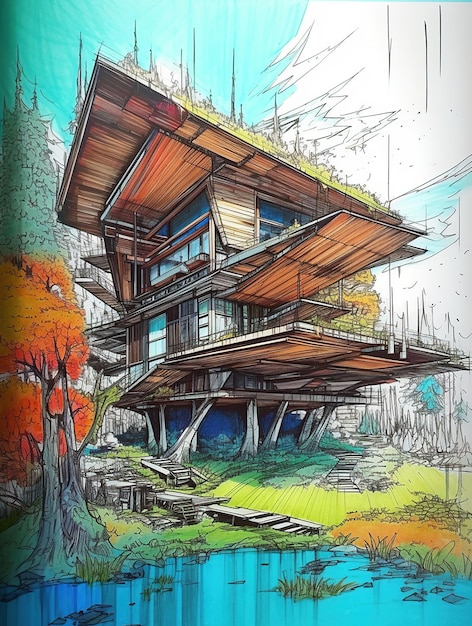 Handgezeichnete ökologische und futuristische Gebäudekonzepte Generative Ai
