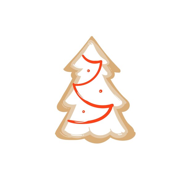 Handgezeichnete vektor abstrakten spaß frohe weihnachten cartoon illustration symbol mit gebackenen lebkuchen cookie weihnachtsbaum form isoliert auf weißem hintergrund.