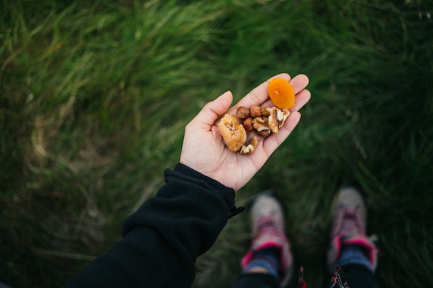 Handvoll gesunde Nüsse, Rosinen und Trockenfrüchte im Freien in der Wildnis. Schneller Snack während der Wanderung in den Bergen.