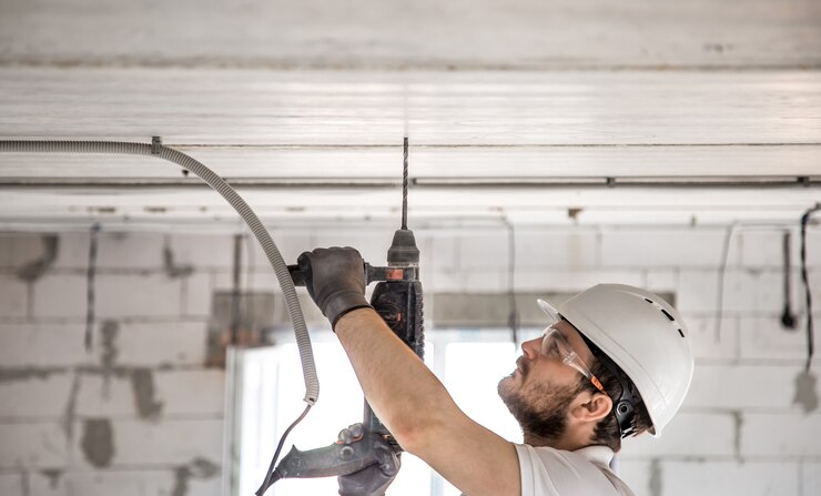 Kostenlose Foto handwerker verwendet presslufthammer für die installation
