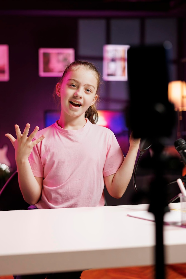 Kostenlose Foto happy cute kid macht eine live-übertragung mit der telefonkamera, um mit dem online-publikum zu sprechen