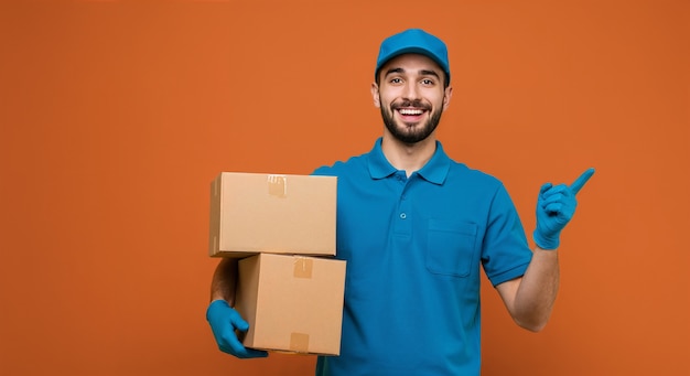 Happy delivery man with packages pointing to the side