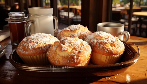 Kostenloses Foto hausgemachte muffins und kaffee auf einem rustikalen holztisch, erzeugt von künstlicher intelligenz