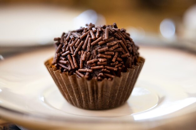 Hausgemachte Schokoladentrüffel auf einem Teller mit unscharfem Hintergrund