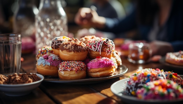 Kostenloses Foto hausgemachter gourmet-donut ein süßer genuss auf einem rustikalen holztisch, der von künstlicher intelligenz generiert wird