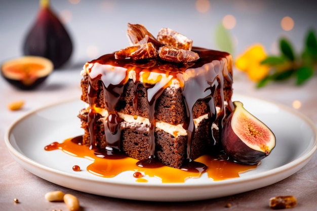 Hausgemachter Kastanienkuchen, süßes veganes Schokoladen-Kastanien-Brownie-Brot mit Honig und Karamellsauce