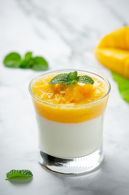 Hausgemachter Mango-Joghurt auf Marmoroberfläche