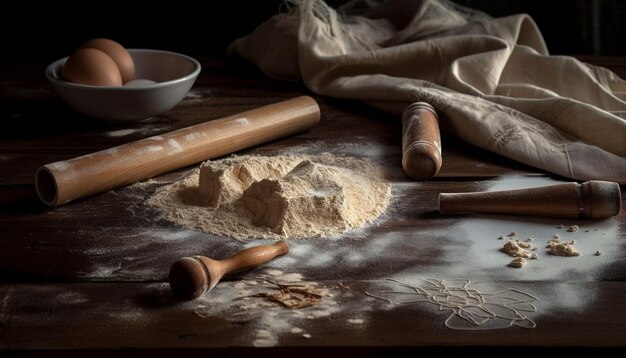 Kostenloses Foto hausgemachter teig auf rustikalem holztisch, generiert von ki