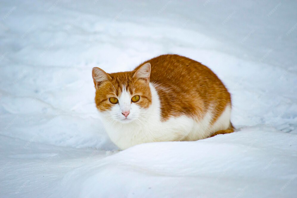 Hauskatze ging an die frische luft und sitzt im schnee
