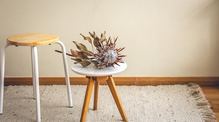 Kostenlose Foto hauskomposition mit protea-blume im inneren des raumes