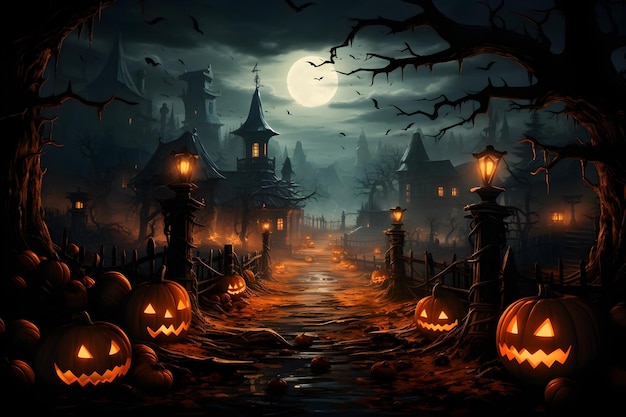 HD-Halloween-Szene mit Kürbissen, Fledermäusen und Vollmond im Hintergrund