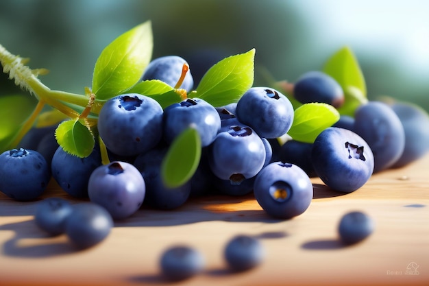 Heidelbeeren auf einem Holztisch mit grünen Blättern