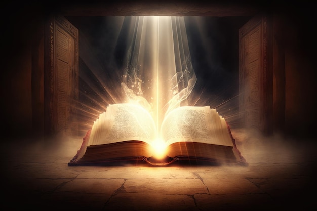 Heilige Bibel mit Lichtstrahlen, die aus AI-Generativ kommen