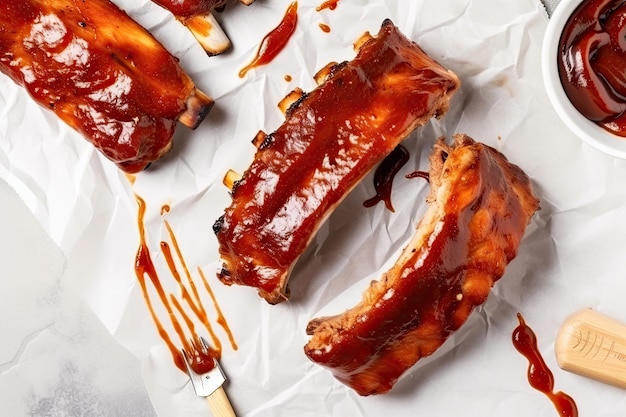 Heiß gegrillte Spareribs mit Barbecue-Sauce auf zerknittertem Papier Draufsicht AI generativ