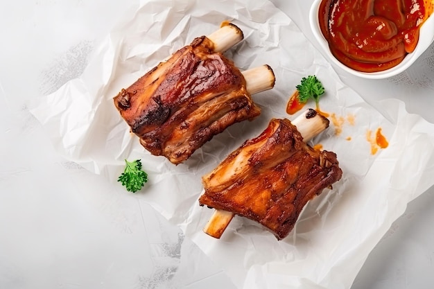 Kostenloses Foto heiß gegrillte spareribs mit barbecue-sauce auf zerknittertem papier draufsicht ai generativ