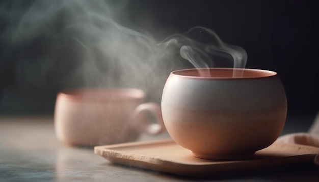 Kostenloses Foto heißer kaffeedampf steigt aus einer eleganten, von ki erzeugten tasse auf