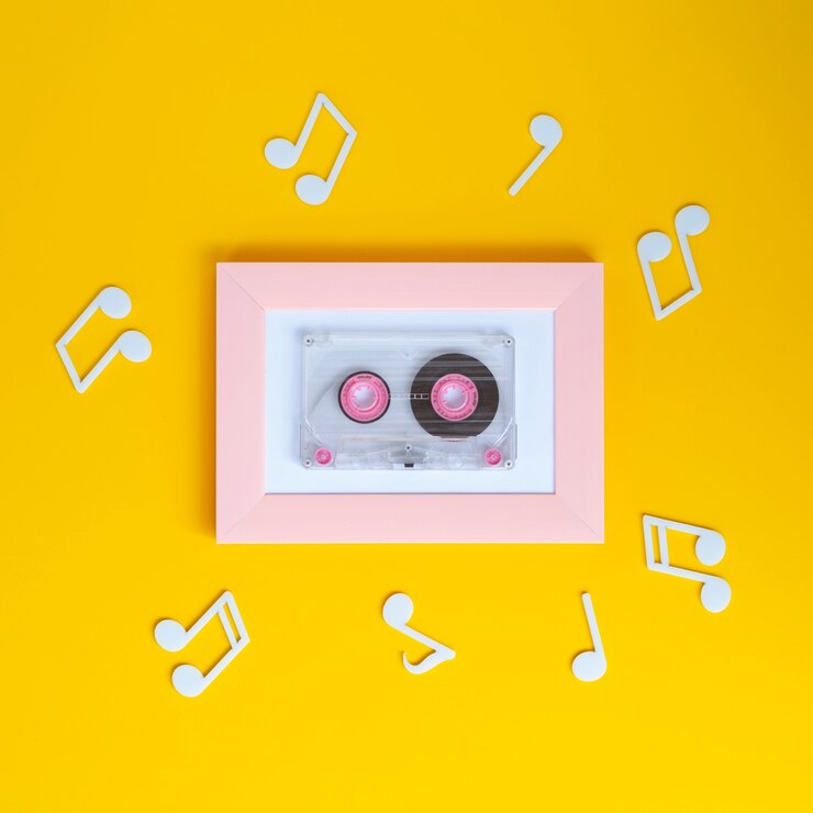 Kostenlose Foto helle bunte kassette mit noten um ihn herum