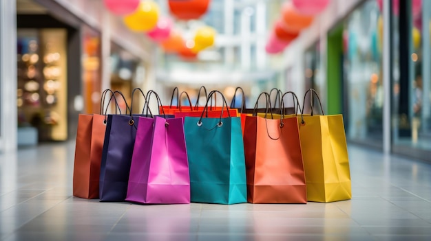 Helle Einkaufstaschen springen gegen ein Out-of-Focus-Einkaufszentrum