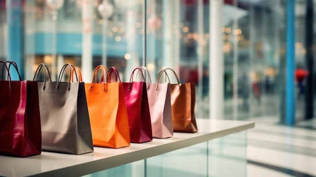 Kostenloses Foto helle einkaufstaschen springen gegen ein out-of-focus-einkaufszentrum