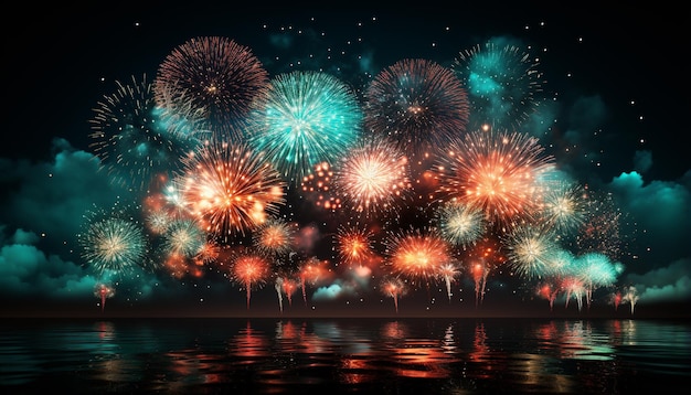 Helle, farbenfrohe Feuerwerke erhellen den dunklen Nachthimmel zum Feiern, erzeugt durch künstliche Intelligenz