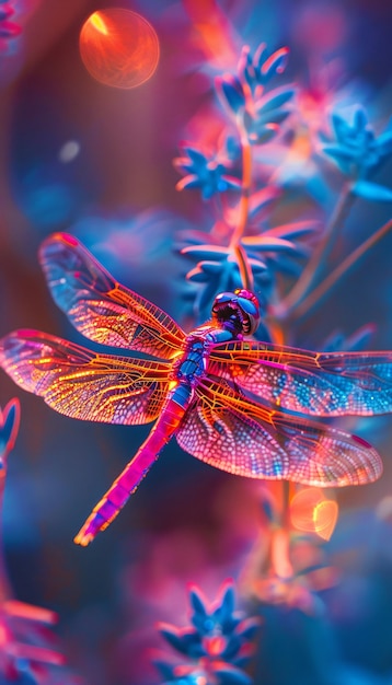 Kostenloses Foto helle libelle mit neonschatten