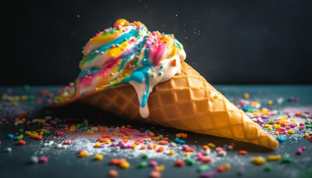 Heller Eisbecher, der Konfetti-Spaß macht, der von KI erzeugt wird