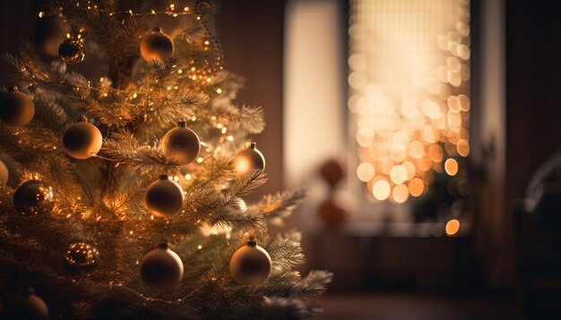 Heller Weihnachtsbaum leuchtet mit glänzenden Ornamenten, die von KI generiert werden
