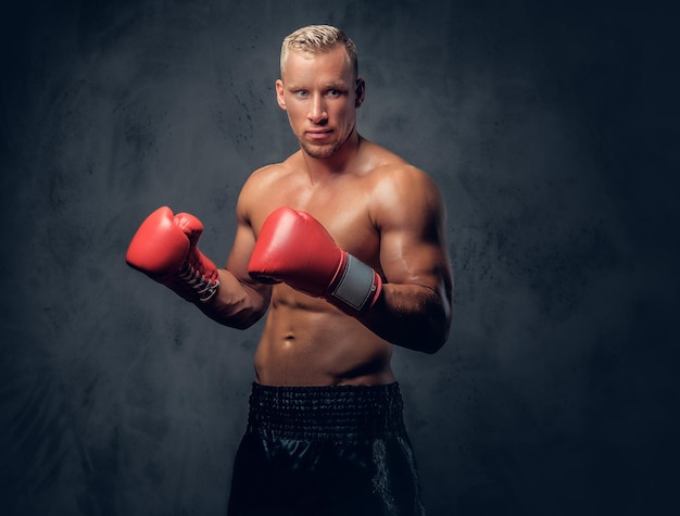 Hemdloser Kickboxer, der seine Schläge und Tritte auf grauem Hintergrund in einem Studio zeigt.