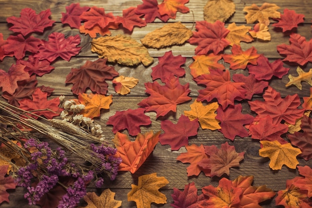 Kostenloses Foto herbstblumenstrauß, der auf blättern liegt