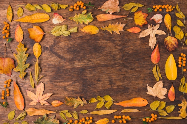 Kostenloses Foto herbstlaubrahmen auf hölzernem hintergrund