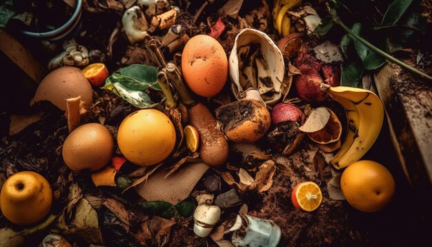 Kostenloses Foto herbstliche ernteschale mit bio-gemüse, früchten und tierischer eierdekoration, generiert durch ki