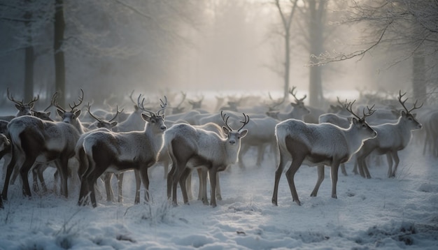 Kostenloses Foto herde gehörnter hirsche, die im von ki erzeugten schnee stehen