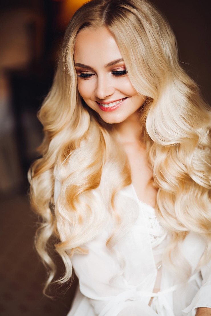 Kostenlose Foto herrliche blonde träumende und lächelnde braut