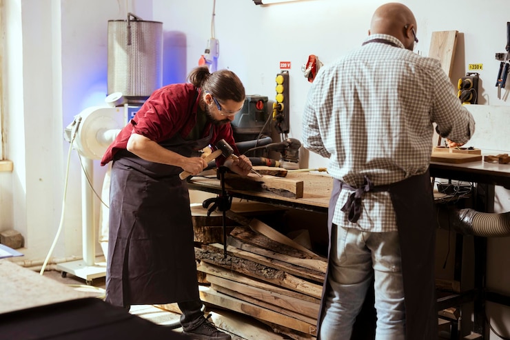 Kostenlose Foto hersteller, der mit meißel und hammer holz schnitzt und eine sicherheitsbrille trägt
