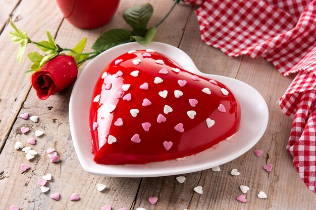 Herzförmiger Kuchen zum Valentinstag oder Muttertag auf Holztisch