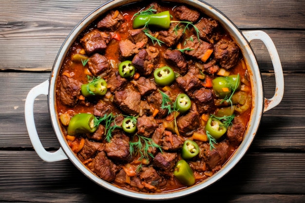 Kostenloses Foto herzhafter rindfleisch- und okra-eintopf im auflauf auf einem holztisch, ansicht von oben, traditionelles afrikanisches essen